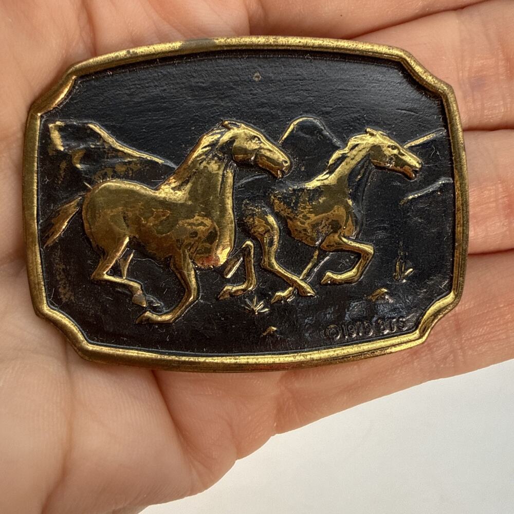 Vintage BTS Solid Brass 1970s Belt Buckle 2 Running Mustangs Horses Western